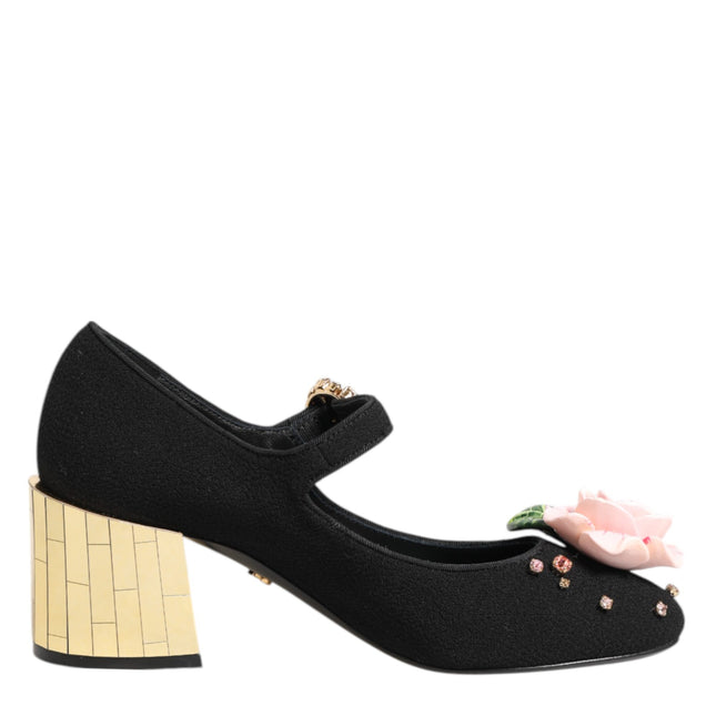 Dolce & Gabbana Black Flower Crystal Embellished Mary Jane Shoes