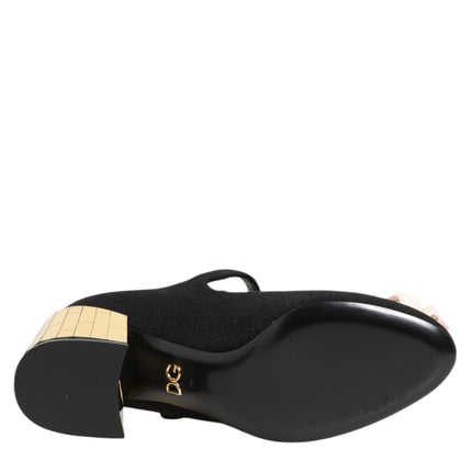 Dolce & Gabbana Black Flower Crystal Embellished Mary Jane Shoes