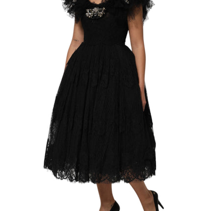 Dolce & Gabbana Black Crystal Embellished Midi A-line Dress