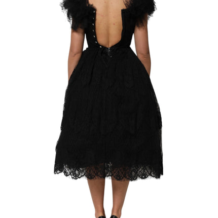 Dolce & Gabbana Black Crystal Embellished Midi A-line Dress