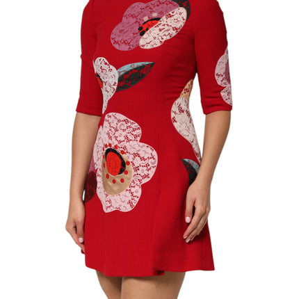 Dolce & Gabbana Red Lace Floral Applique A-line Mini Dress