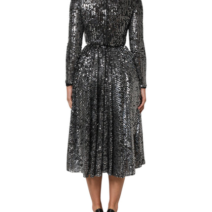 Dolce & Gabbana Black Sequined Long Sleeves Midi A-line  Dress