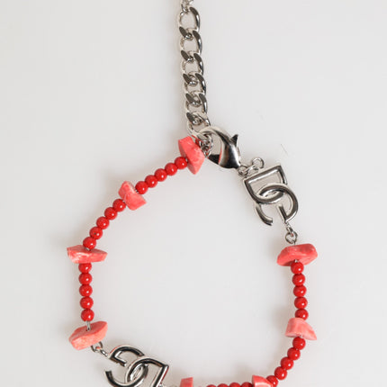 Dolce & Gabbana Silver Tone Brass Beaded Resin DG Logo Chain Men Bracelet