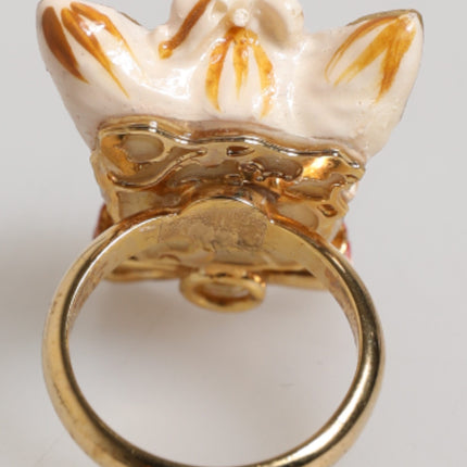 Dolce & Gabbana Gold Brass Resin Beige Dog Pet Accessory Ring