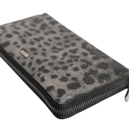 Dolce & Gabbana Black Gray Leopard Leather Zip Around Continental Wallet
