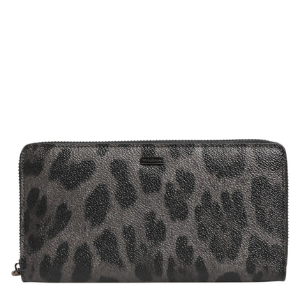 Dolce & Gabbana Black Gray Leopard Leather Zip Around Continental Wallet