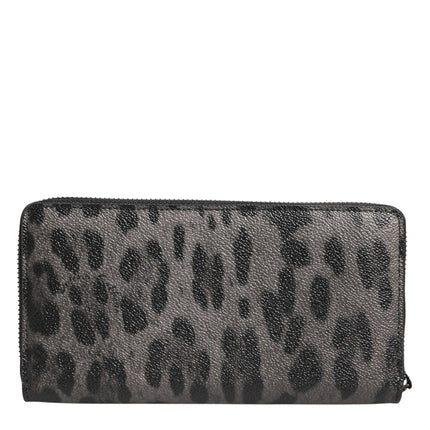 Dolce & Gabbana Black Gray Leopard Leather Zip Around Continental Wallet