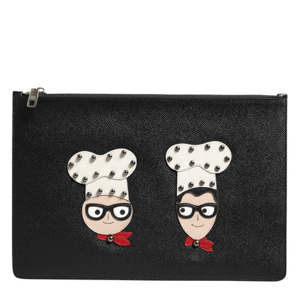 Dolce & Gabbana Black Leather #DGFAMILY Embellished Men Clutch Pouch Bag