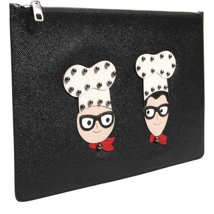 Dolce & Gabbana Black Leather #DGFAMILY Embellished Men Clutch Pouch Bag