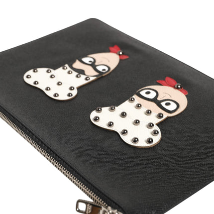 Dolce & Gabbana Black Leather #DGFAMILY Embellished Men Clutch Pouch Bag