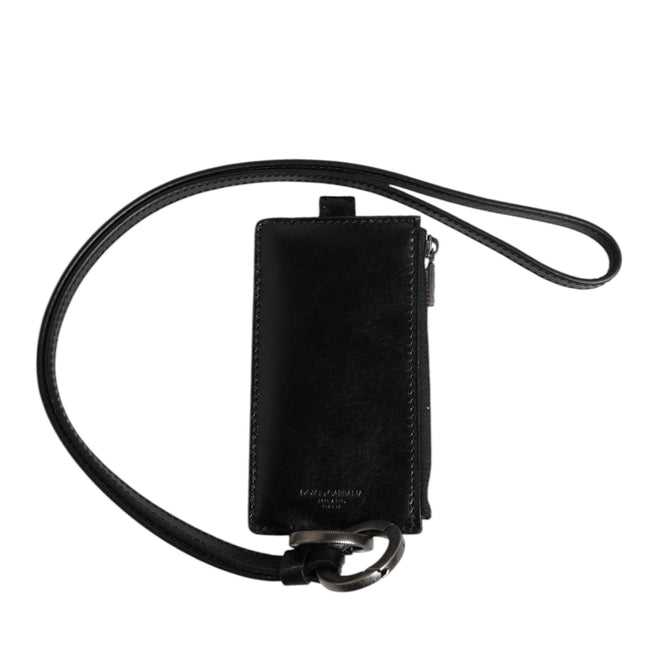Dolce & Gabbana Black Leather Logo Embossed Lanyard Card Holder Wallet
