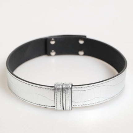 Dolce & Gabbana Silver Textured Leather Gold Tone Metal Neckband