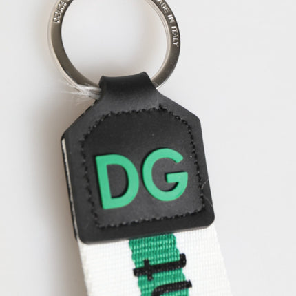Dolce & Gabbana Green Logo Polyester Silver Brass Holder Keychain Keyring
