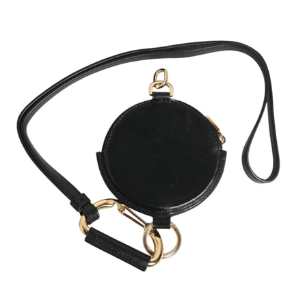 Dolce & Gabbana Black Round Leather DG Logo Coin Purse Lanyard Wallet