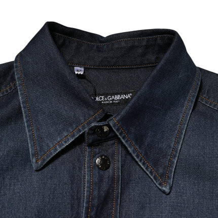 Dolce & Gabbana Blue Denim Button Casual Logo Patch Men Shirt