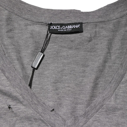 Dolce & Gabbana Gray Cotton Tattered Logo Patch Men T-shirt