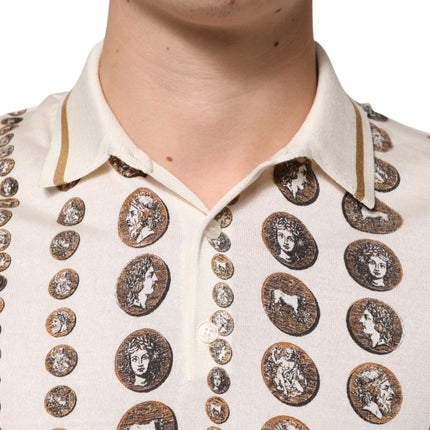 Dolce & Gabbana Silk Ivory Coin Print Logo Men Polo T-shirt