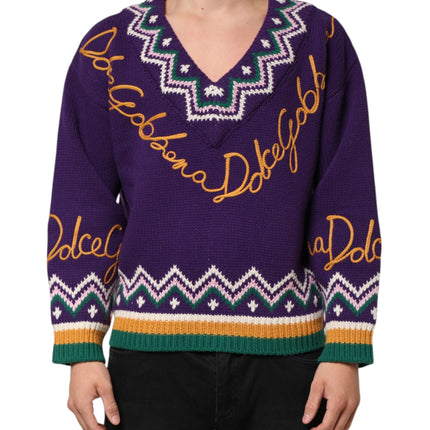 Dolce & Gabbana Purple Wool DG Logo Men Knit Pullover Sweater