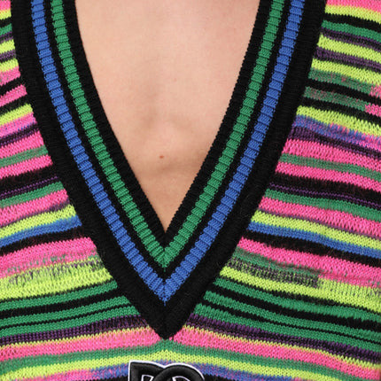 Dolce & Gabbana Multicolor DG Logo V-Neck Knit Pullover Sweater