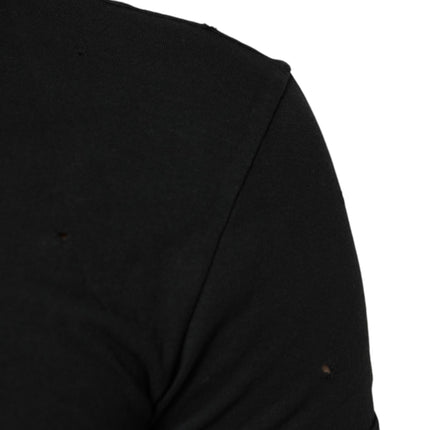 Dolce & Gabbana Black Cotton Tattered Logo V-Neck Men T-shirt