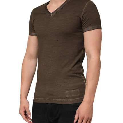 Dolce & Gabbana Dark Brown Cotton Tattered Logo Men T-shirt