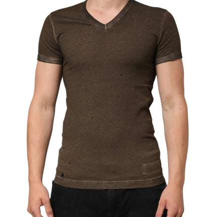 Dolce & Gabbana Dark Brown Cotton Tattered Logo Men T-shirt