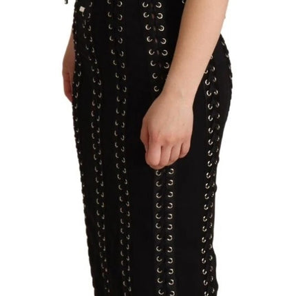 Dolce & Gabbana Black Cady Sleeveless Lace Up Bodycon Dress