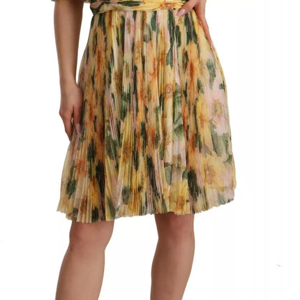 Dolce & Gabbana Yellow Floral Print Pleated Maxi Dress