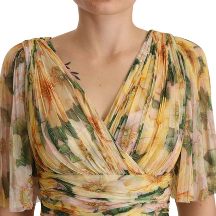 Dolce & Gabbana Yellow Floral Print Pleated Maxi Dress
