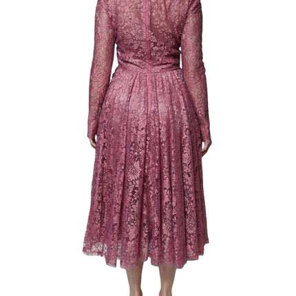 Dolce & Gabbana Pink Floral Lace Long Sleeve Midi Dress