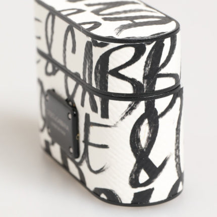 Dolce & Gabbana Black White Leather Monogram Print Logo Holder Airpods Case
