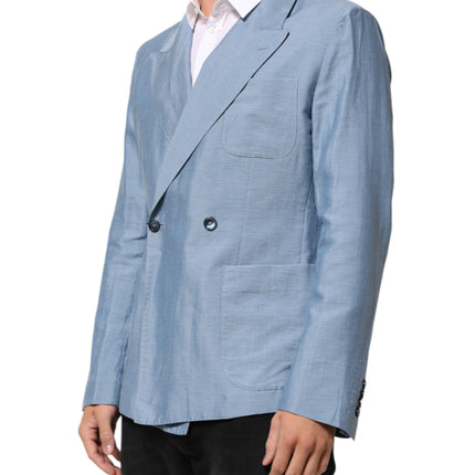Dolce & Gabbana Light Blue Linen Double Breasted Men Jacket Blazer