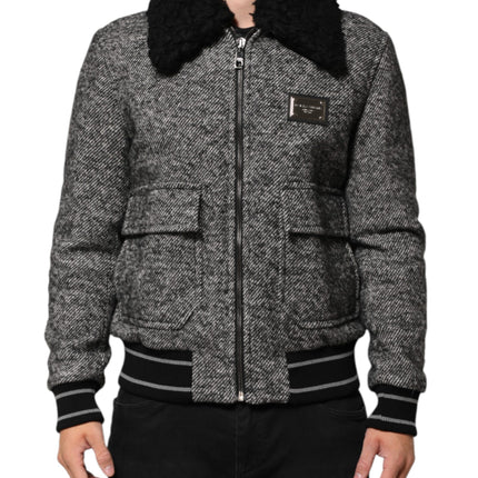 Dolce & Gabbana Gray Wool Herringbone Shearling Collar Bomber Jacket