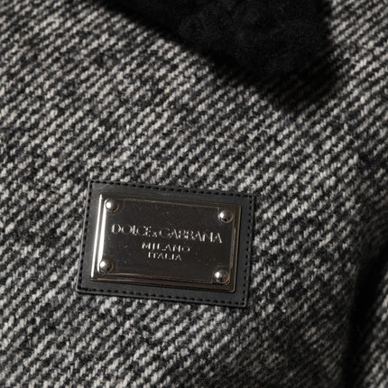 Dolce & Gabbana Gray Wool Herringbone Shearling Collar Bomber Jacket