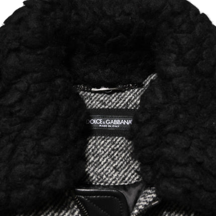 Dolce & Gabbana Gray Wool Herringbone Shearling Collar Bomber Jacket