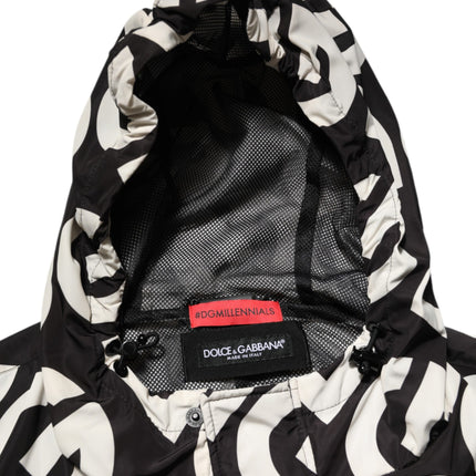 Dolce & Gabbana Black White Logo Print Hooded Coat Men Jacket