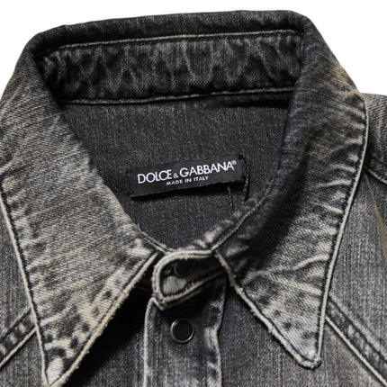 Dolce & Gabbana Black Washed Cotton Snap Long Sleeve Casual Shirt