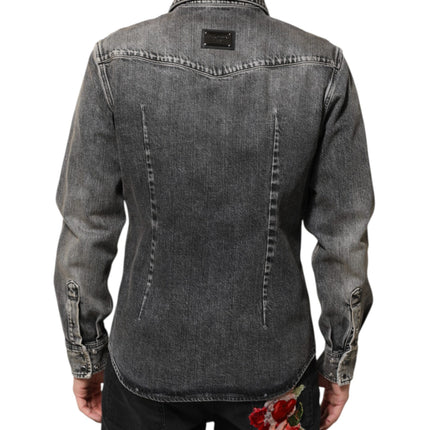 Dolce & Gabbana Black Washed Cotton Snap Long Sleeve Casual Shirt