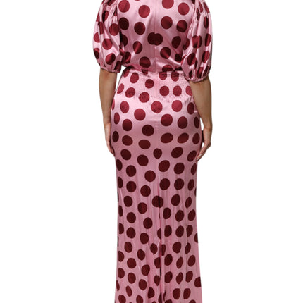 Dolce & Gabbana Pink Red Polka Dot Silk Satin Maxi Gown Dress
