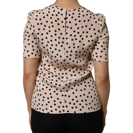 Dolce & Gabbana Beige Black Polka Dot Silk Short Sleeve Blouse Top
