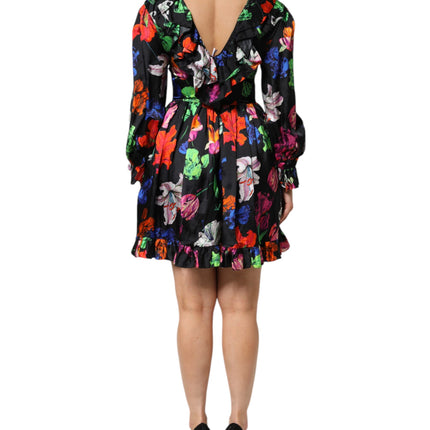 MSGM Dress Black Multicolor Floral Ruffle Long Sleeve Mini Dress