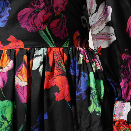 MSGM Dress Black Multicolor Floral Ruffle Long Sleeve Mini Dress