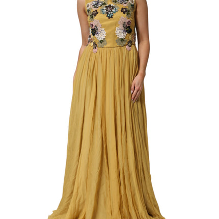 Dolce & Gabbana Yellow Silk Floral Embroidered Maxi Dress