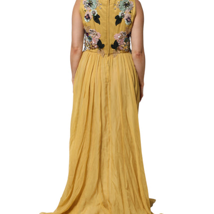 Dolce & Gabbana Yellow Silk Floral Embroidered Maxi Dress