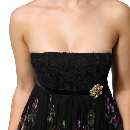 Dolce & Gabbana Black Floral Key Print Crystal Strapless Dress
