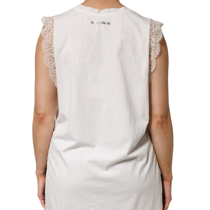PINKO White Silk Blend Lace Trim Sleeveless V-Neck Women’s Top