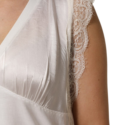 PINKO White Silk Blend Lace Trim Sleeveless V-Neck Women’s Top