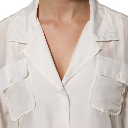 Dolce & Gabbana White Silk Collared 3/4 Sleeves Blouse Top