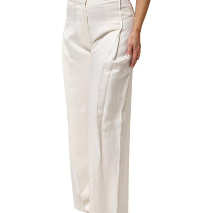 Brian Dales White Viscose Linen Wide Leg Palazzo Womens Pants
