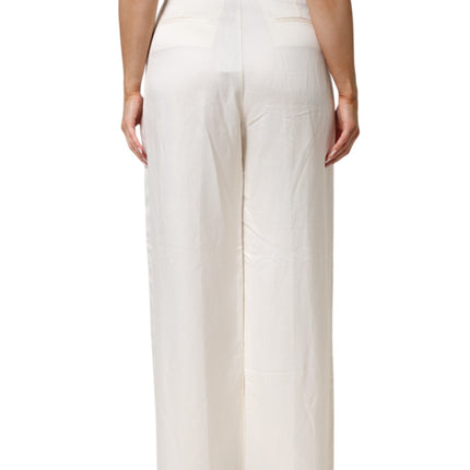 Brian Dales White Viscose Linen Wide Leg Palazzo Womens Pants